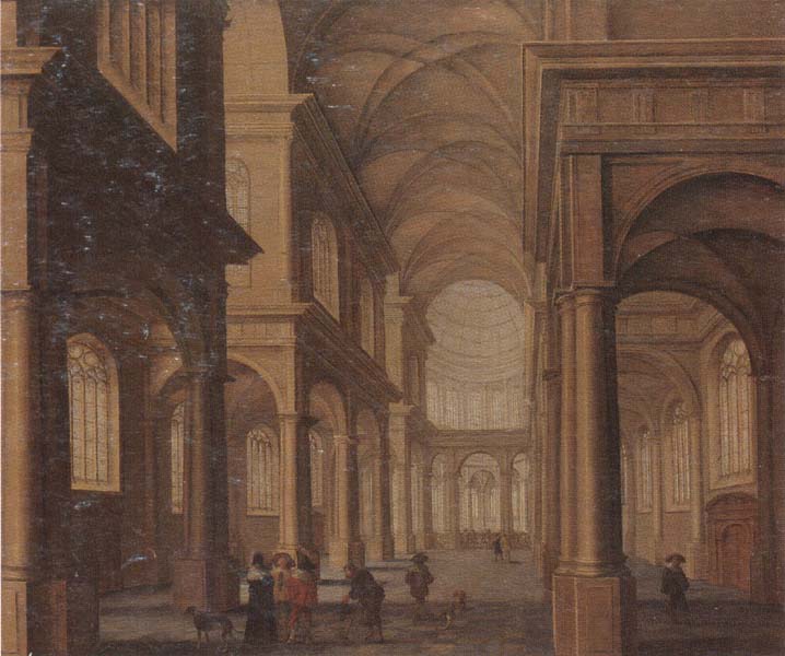 The interior of a reformed church,with a beggar soliciting alms from an elegant company